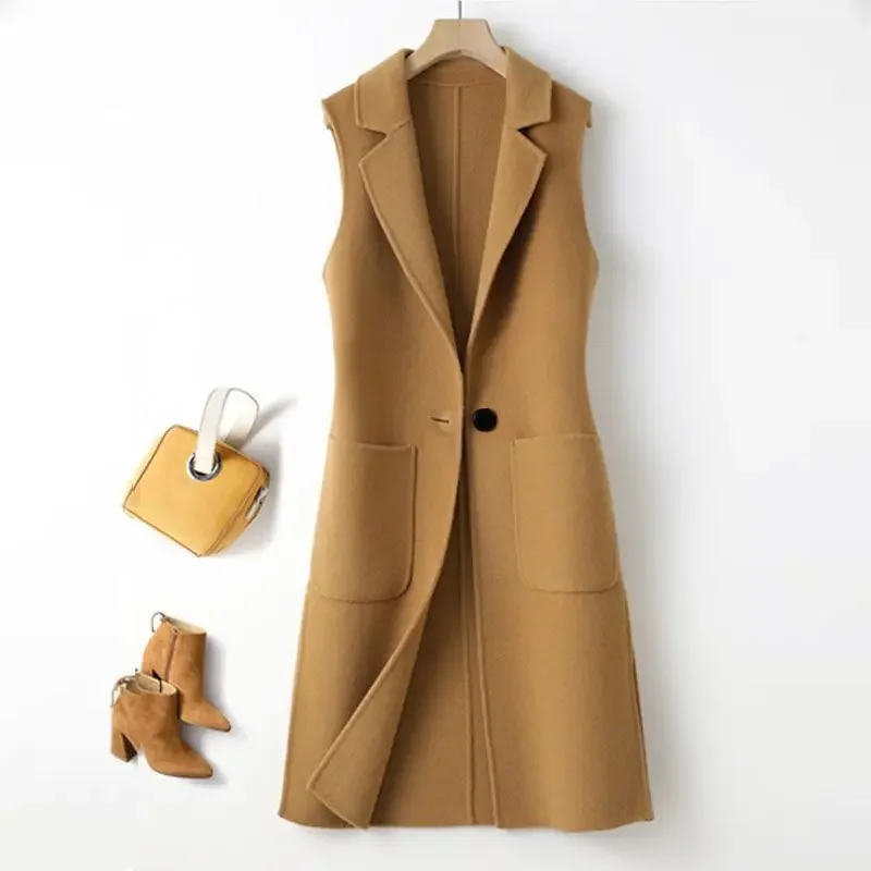 

Женский Универсальный шерстяной жилет средней длины, однотонный жилет без рукавов с V-образным вырезом и карманами на пуговицах, весна-осень 2024