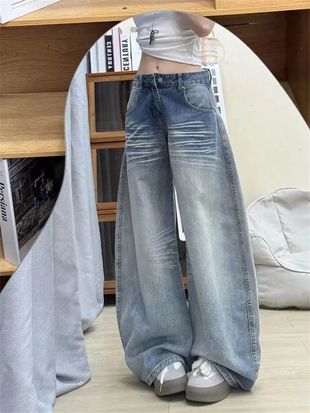 

Широкие свободные джинсы в американском стиле с высокой талией, женские мешковатые прямые джинсовые брюки в стиле Харадзюку, корейские винтажные джинсовые брюки Y2k Design