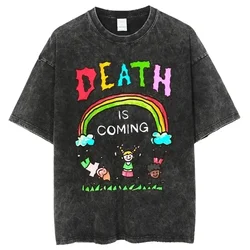 New Summer Classic Punk Washed Death Is Coming Men Women Anime Graphic Printed Short Sleeve Shirt Washed Vintage Cotton Top Tee