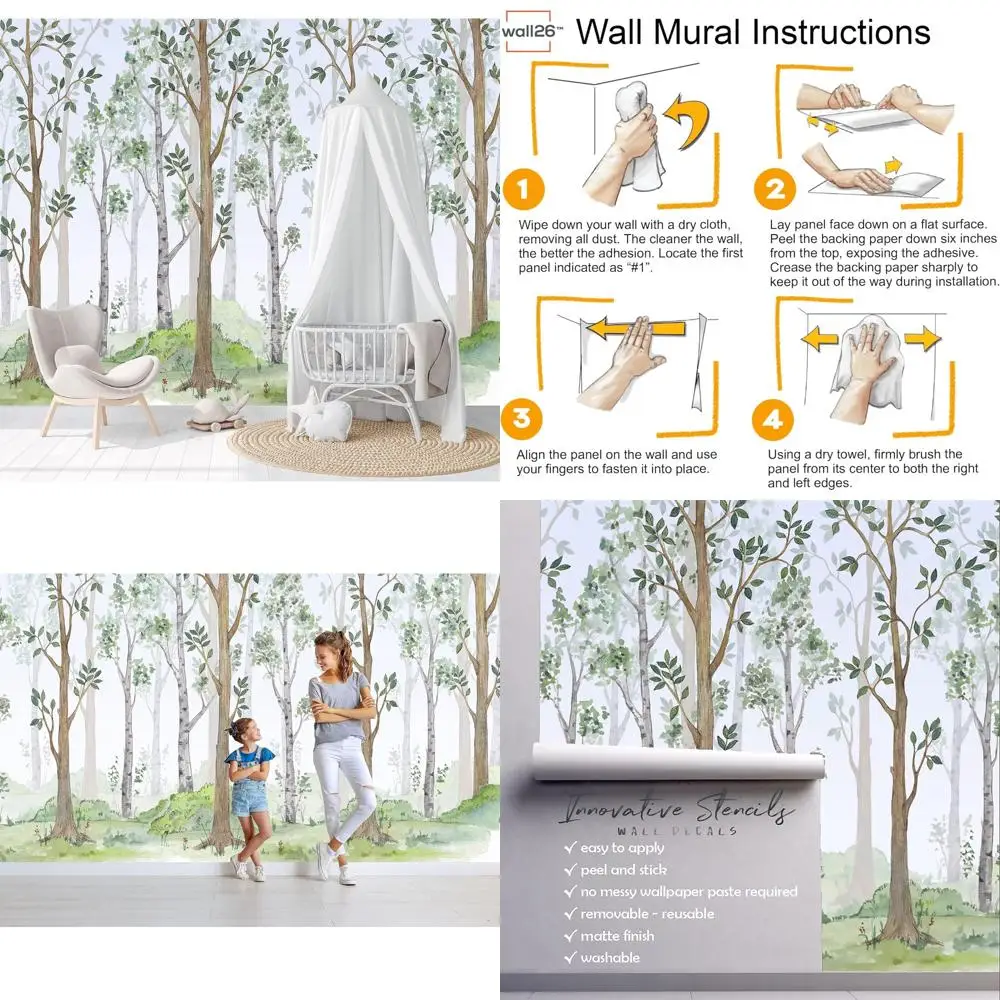 

Reversible Watercolor Birch Tree Forest Wallpaper for Nursery, Peel and Stick Fabric Decal, Removable and Reusable Woodland Deco