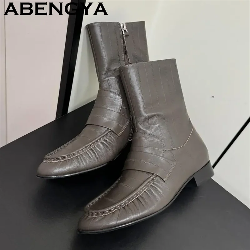 2026 Winter New Genuine Leather Ankle Boots for Women Slim Small Round toe Flats Chelsea Short Boots Simple Fashion Punk Boots