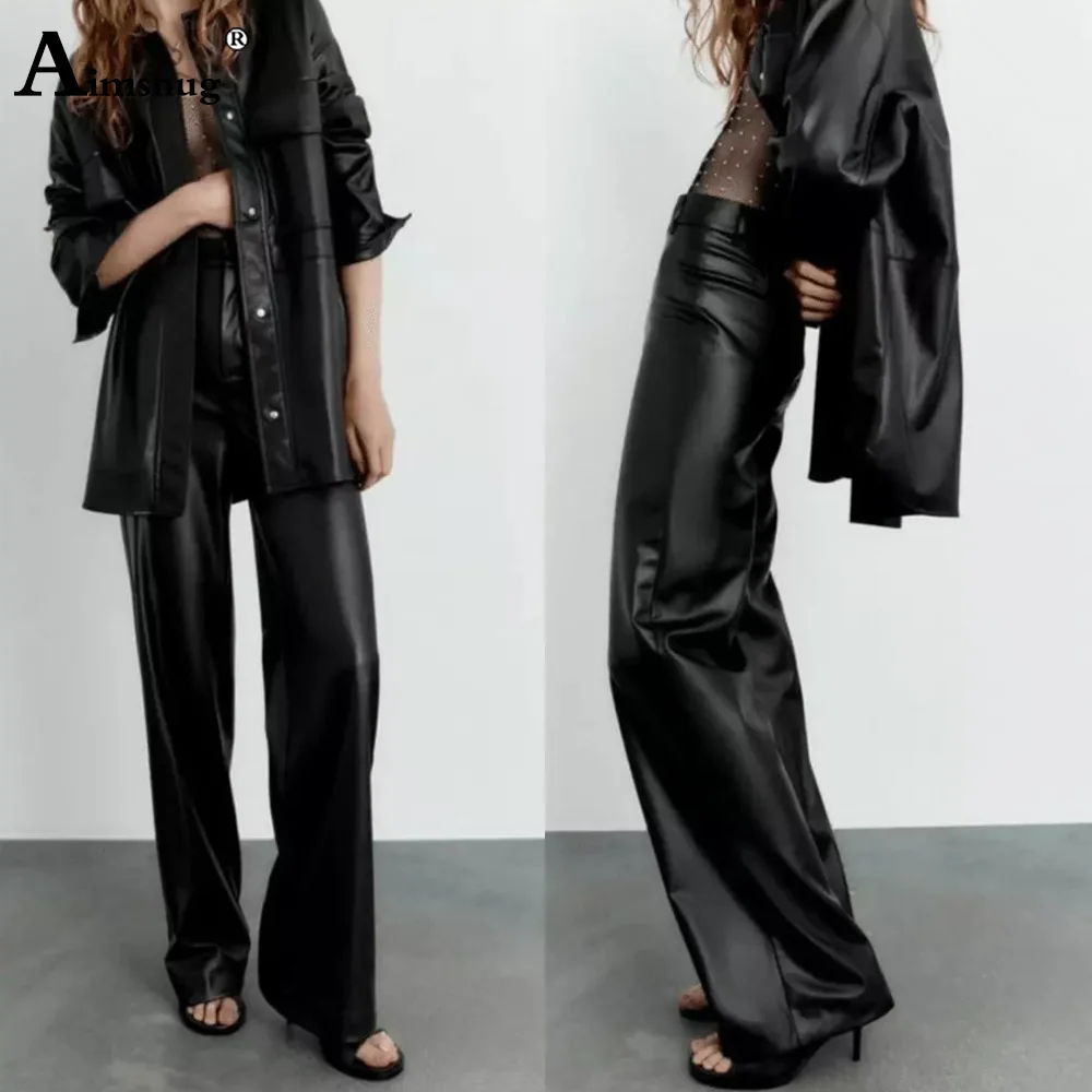 Pantalon droit en cuir PU pour femmes, coupe haute, mode basique, américain et européen, Sexy, fermeture éclair, tenues en Faux cuir, nouvelle collection 2025