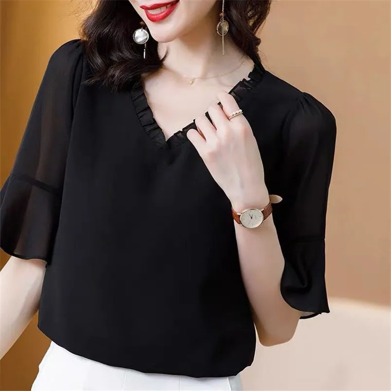 Chiffon Blouse New Women Summer Tops Ruffled Collar Work Wear Shirts Elegant Lady Casual Blouses 