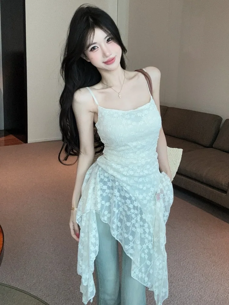 

French Style High Waist Lace Crop Top Women's Summer New Design Irregular Strap Vest Breathable Skin-Friendly Citywalk Fashio...