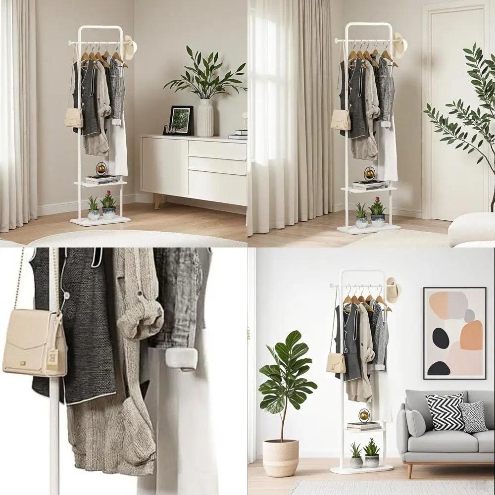 

White Metal Standing Coat Rack with Marble Base, Modern Style, Suitable for Small Spaces and Boutiques