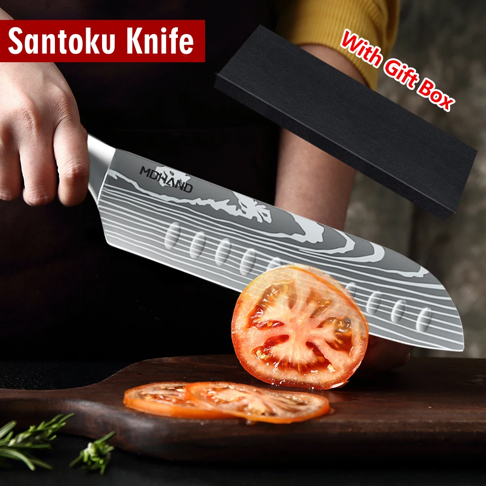 7 Inch Sharp Santoku Knife Japanese Laser Damascus Stainless Steel Kitchen Knives Meat Cleaver Fruit Professional Chef's Tools