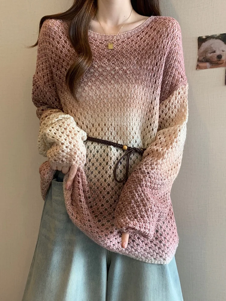 

Женский вязаный топ с ажурным узором, свободного кроя, весна 2026, большие размеры, повседневный, с длинным рукавом, круглый вырез