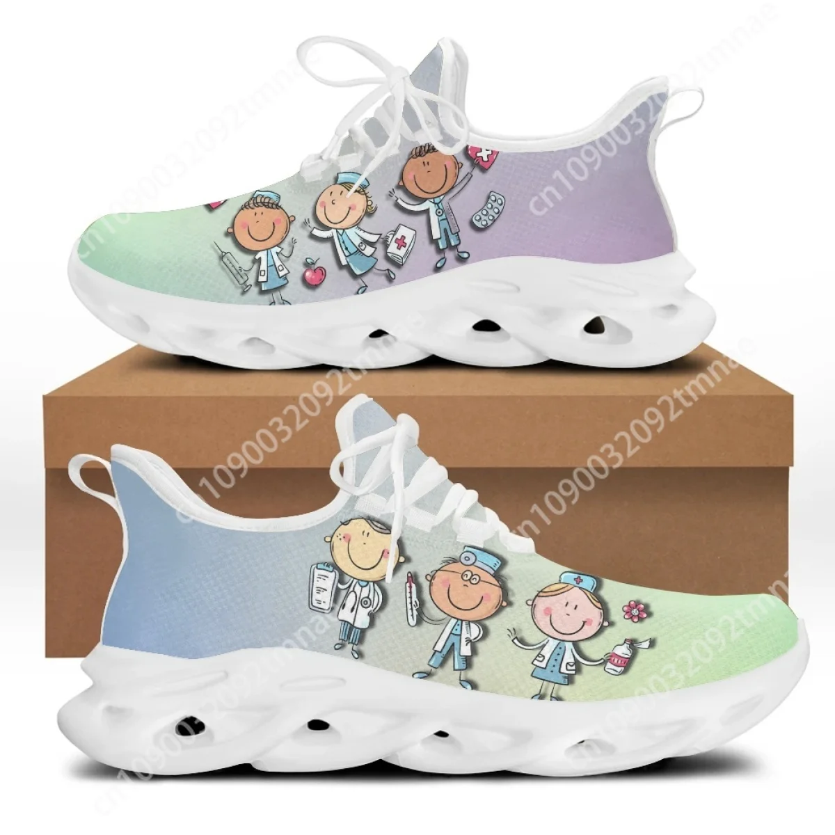 Custom Fashion Cartoon Nurse Girls Medical Pattern Mesh Sneakers for Women Light Lace up Flat Shoes Female Casual Sport Shoes