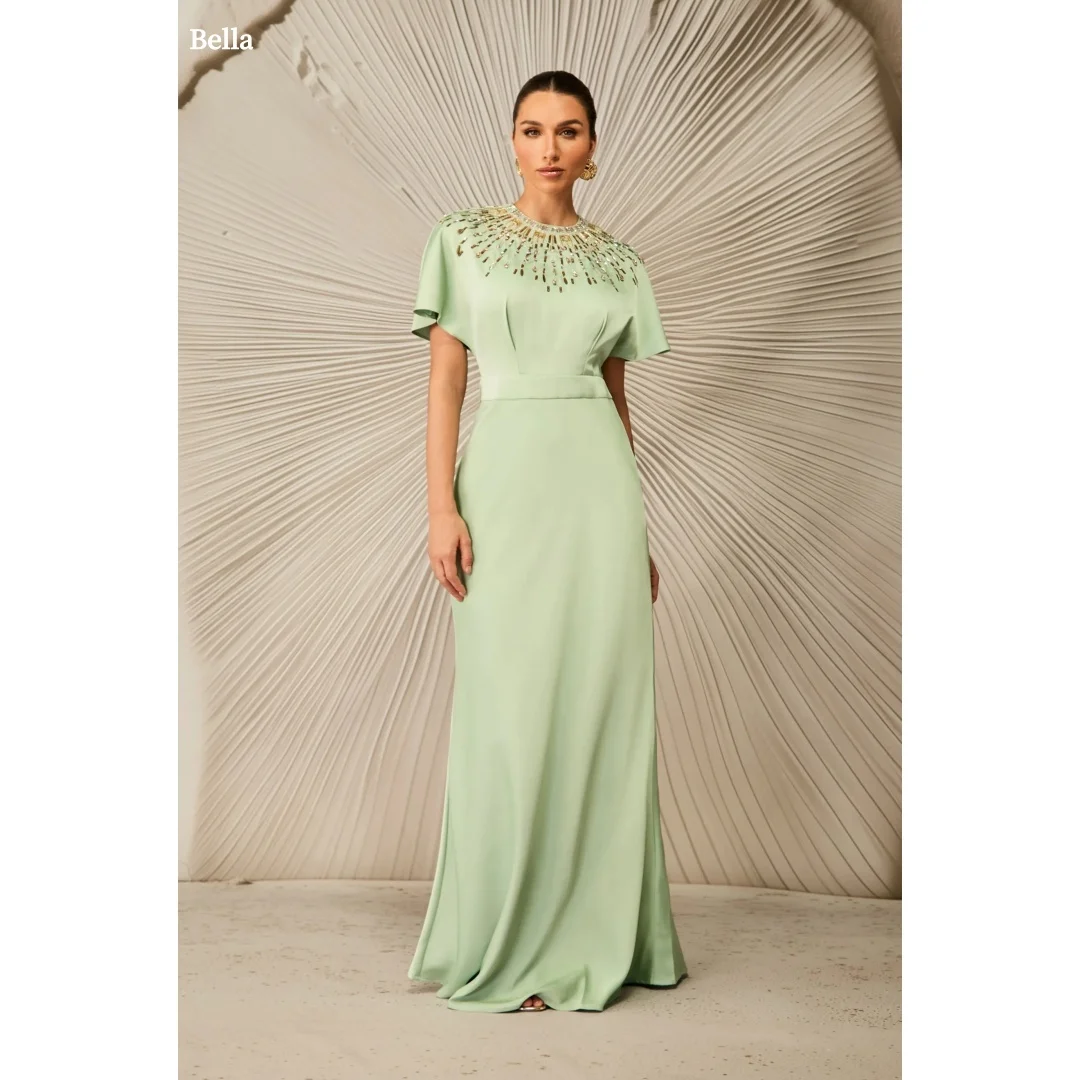 

Bella Customized Light Mint Green Crew Neck Cape Short Sleeve Rhinestone Trim Satin Fitted Maxi Party Dresses robes de soirée