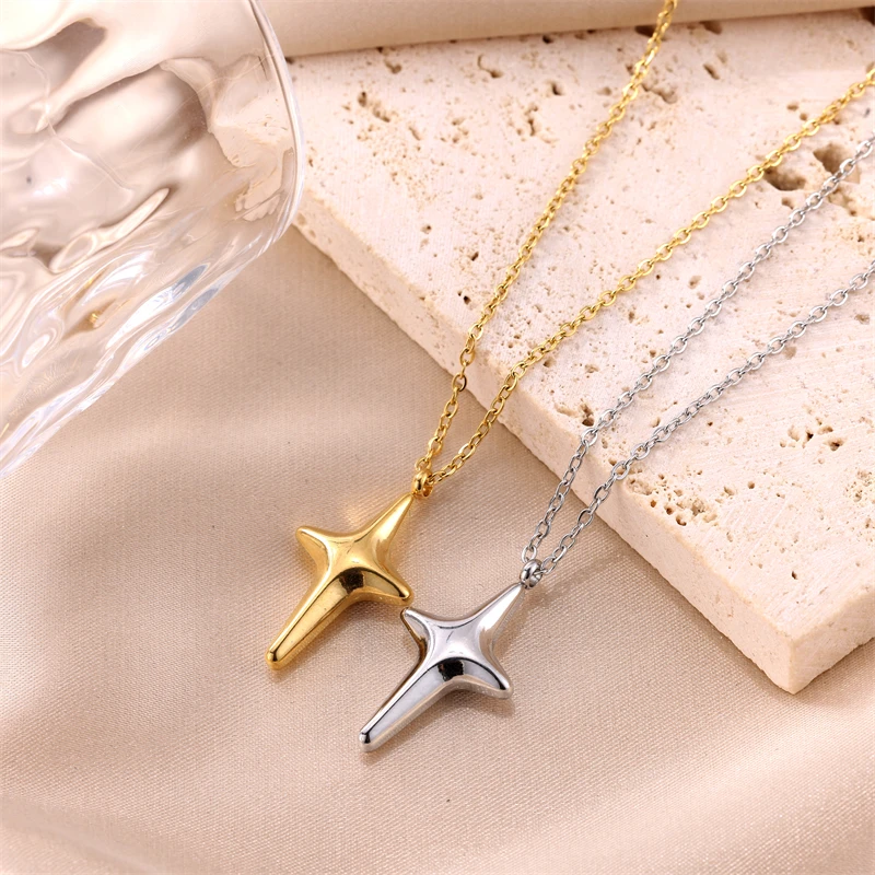 

New Stainless Steel Glossy Star Pendant Women's Simple Fashion Necklace Four-pointed Clavicle Chain Jewelry Gift