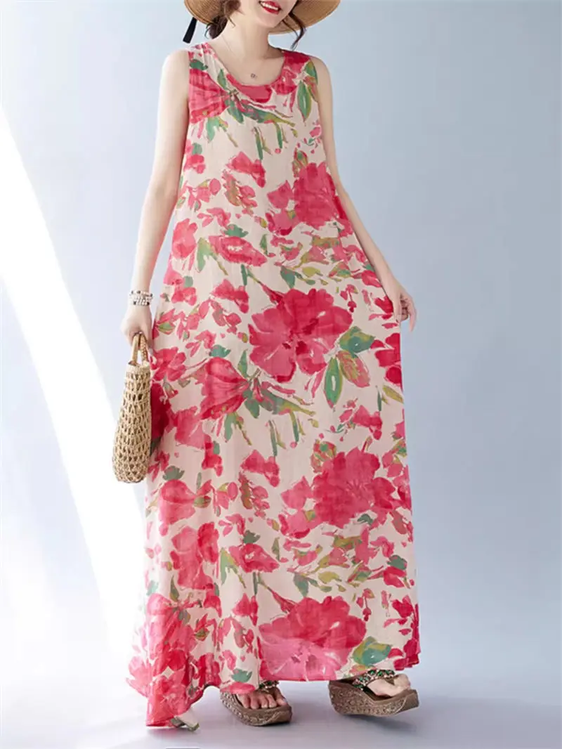 2024 New Bohemian Long Dress Summer Large Size Loose Sleeveless Round Neck Fashion Casual Printed Vest Dress K1740