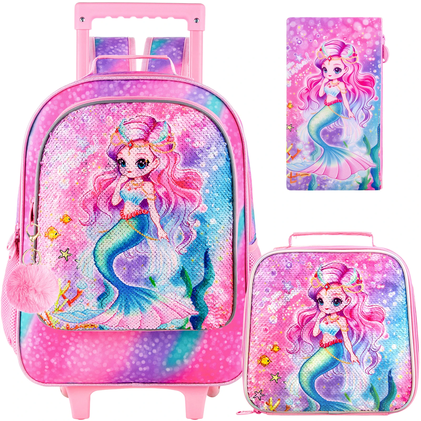 

3PCS Rolling Backpack for Girls and Boys， Kids Unicorn Dinosaur Wheeled Bookbag