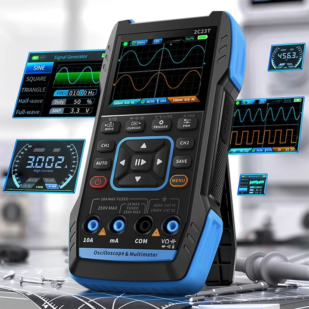 For FNIRSI Latest 2C23T 3-In-1 Multimeter Digital Oscilloscope Signal Generator, Dual Channel 10MHZ*2 50MS/S, 9999 Counts