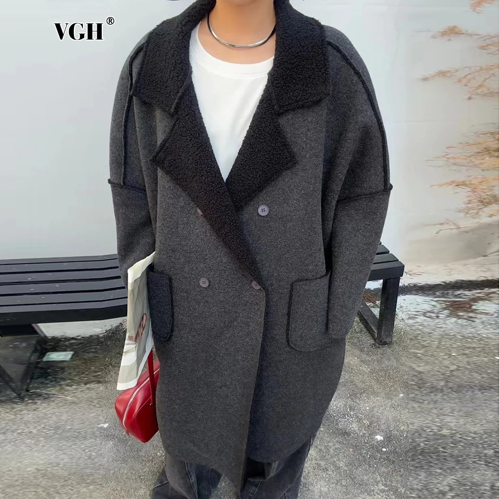 

VGH Solid Minimalist Spliced Button Loose Coats For Women Lapel Long Sleeve Patchwork Pockets Woollen Overcoat Female Fashion