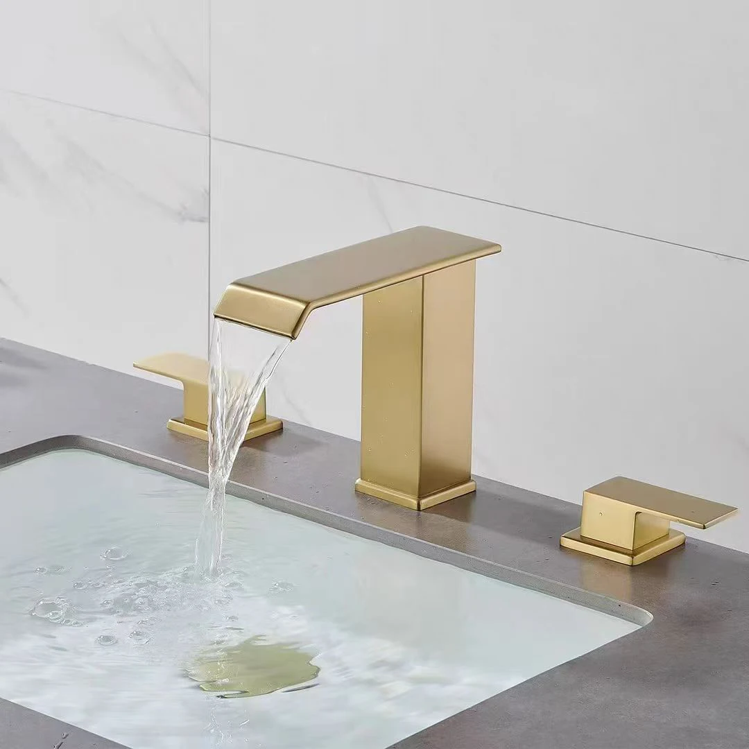 

Brass Gold Basin Faucet 3 Hole Dual Handle Water Faucet Hot Cold Water Mixer Sink Tap Bathroom