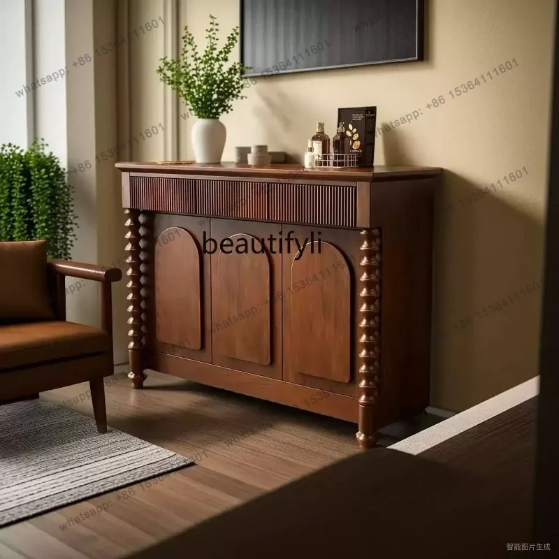 

French retro Roman column solid wood dining side cabinet, bucket cabinet, American multi-functional entrance cabinet