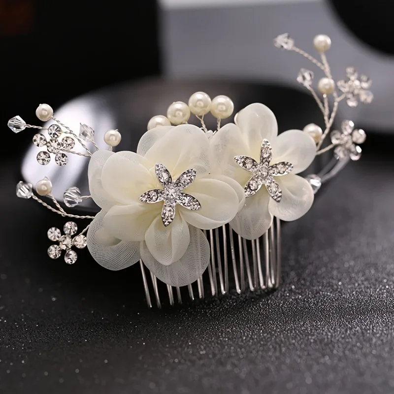 Wedding Hair Comb Flower Hair Ornaments Bride Hair Comb Pearl Rhinestone Headpiece For Women Girls Headdress Floral Jewelry image 2