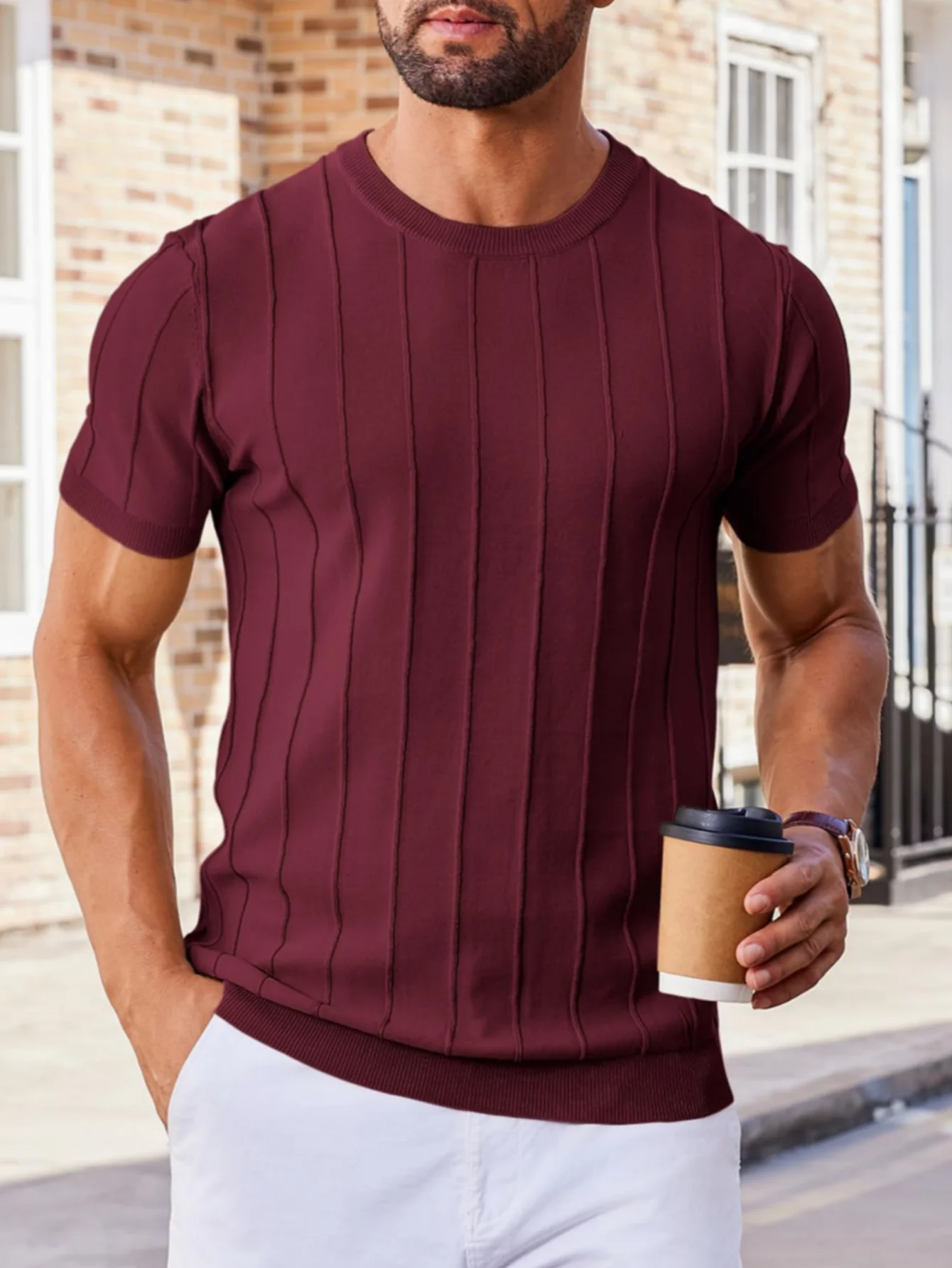 Sommer Neuer Minimalistischer Stil Einfarbiges Rundhals-Strick-T-Shirt für Herren, Kurzarm, Leichtes Unterhemd, Trendiges I