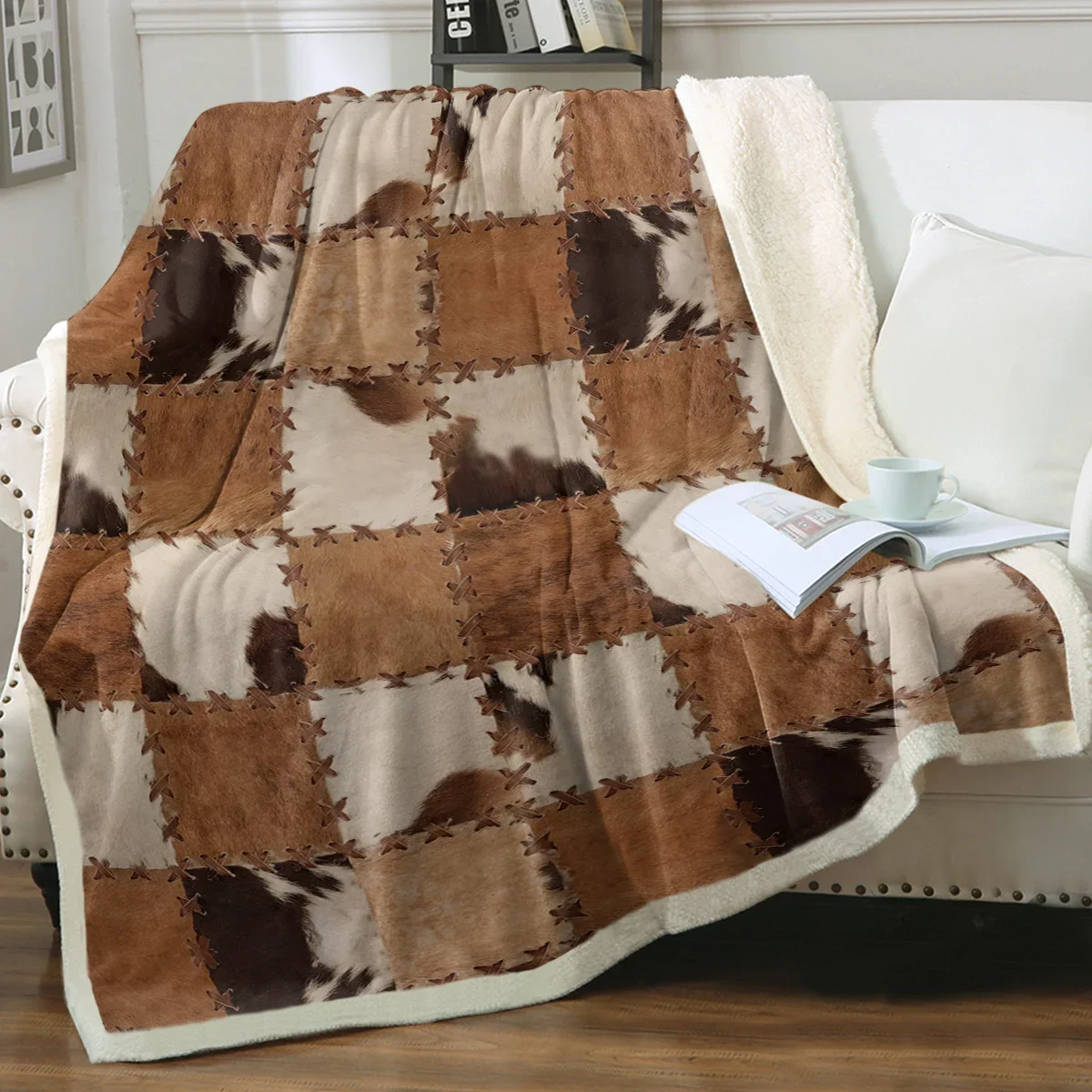 Fur-like Patchwork Throw Blanket Cowboy Farmhouse Fleece Blanket Soft & Breathable Sherpa Blanket for Kids Teens Adults