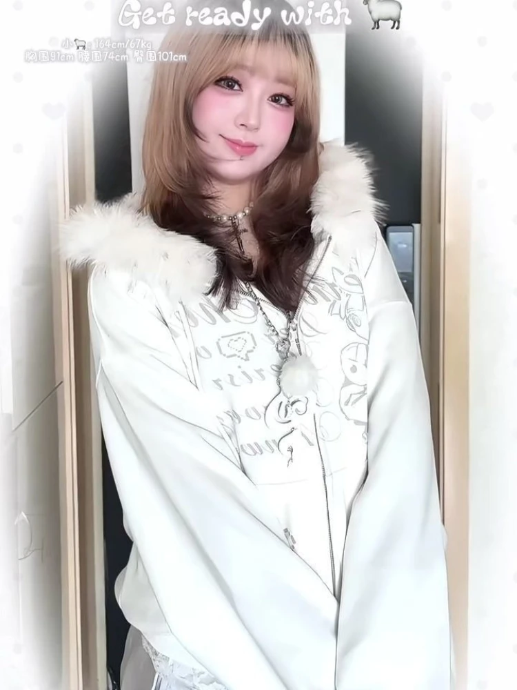 Y2K Japanese Kawai Faxu Fur Hoodies Subculture Streetwear Zipper Coat Cartoon Print Long Sleeve Retro Gothic Sweatshirts