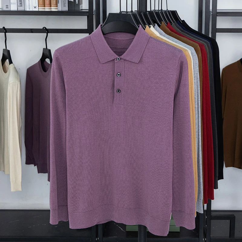 3.5% Goat Cashmere Sweater Polos Men 2025 Autumn 5.5% Mulberry Silk Knit T-shirt Long Sleeve Jumper Silk Wool Sweater Tops