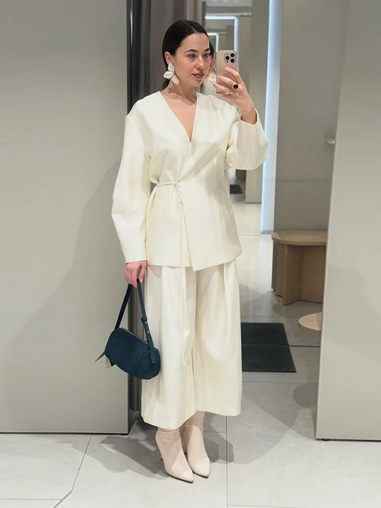 

Fashion Women Trouser Set Lace Up Long Sleeve V-neck Cardigan And Wide Leg Pant Casual Female Spring Loose Outfit Streetwear
