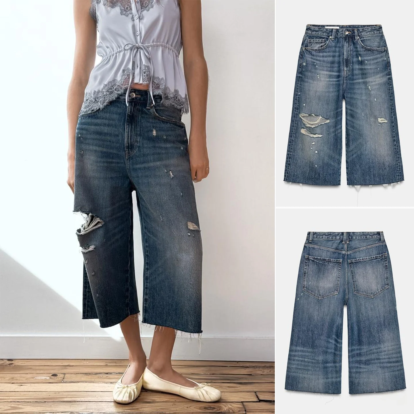 

Spring New Women's Casual Metal Button Hole Jeans Shorts Hole Decoration mid Waist Straight Leg Micro Stretch Polyester Fiber