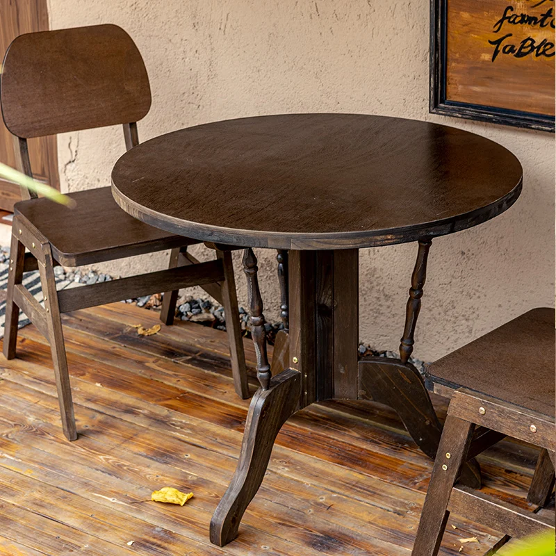 Retro Dining Table Round Table and Chairs Outdoor Table Coffee Shop Milk Tea House Solid Wood Indoor Coffee Tables