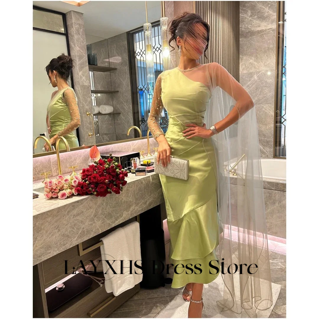 ที่กําหนดเองหนึ่งไหล่ชุดราตรีแขนยาวข้อเท้าความยาว Mermaid ซาตินงานแต่งงานชุด Saudi คําฉัตรชุดราตรี