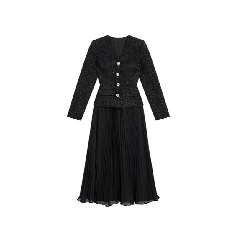 Vestido de terno preto feminino manga comprida lapela slim fit em camadas vestido longo com babados