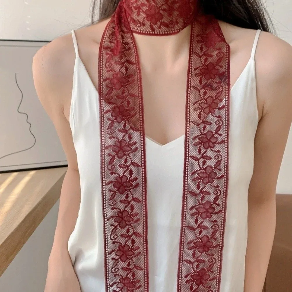 Stylish Floral Lace Printed Scarf Elegant Narrow Long Multifunctional Headscarf Lightweight Soft Ribbon Scarf Evening Party