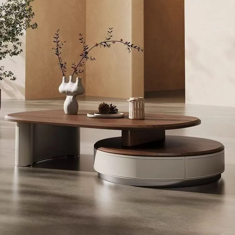 pattern retractable round coffee table 2025 new living room high-end saddle leather Chinese antique coffee table