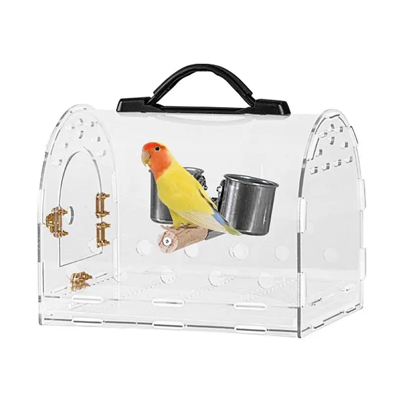 

Travel Bird Cage Acrylic PVC Handle Bird Carrier With Clear View Portable Outdoor Cage With Wood Pole And Double Feeding Cups