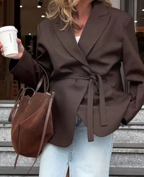 

Осенний новый модный женский пиджак с длинными рукавами и шнуровкой на талии, элегантный и высококачественный текстурный пиджак для поездок на работу