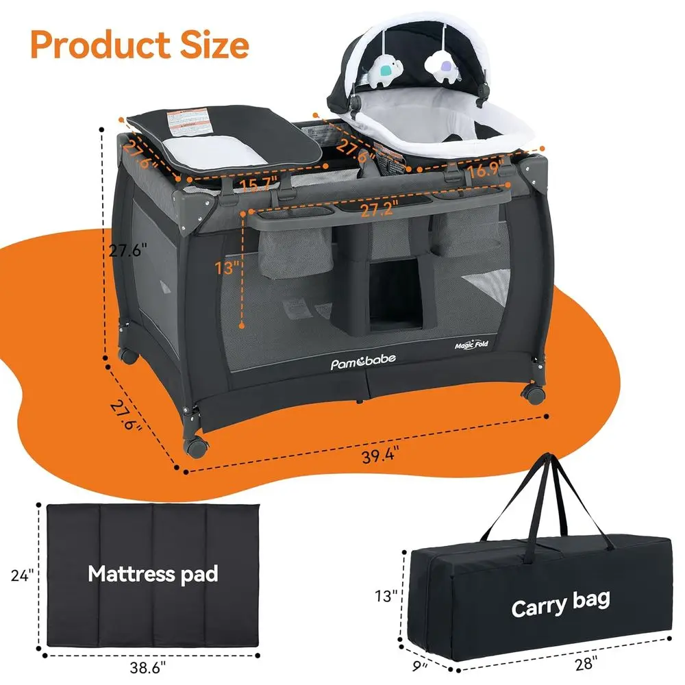Draagbare 4-in-1 Playard met stalen frame, commode, vergrendelbare wielen en ademend gaas voor de veilige slaap van baby's