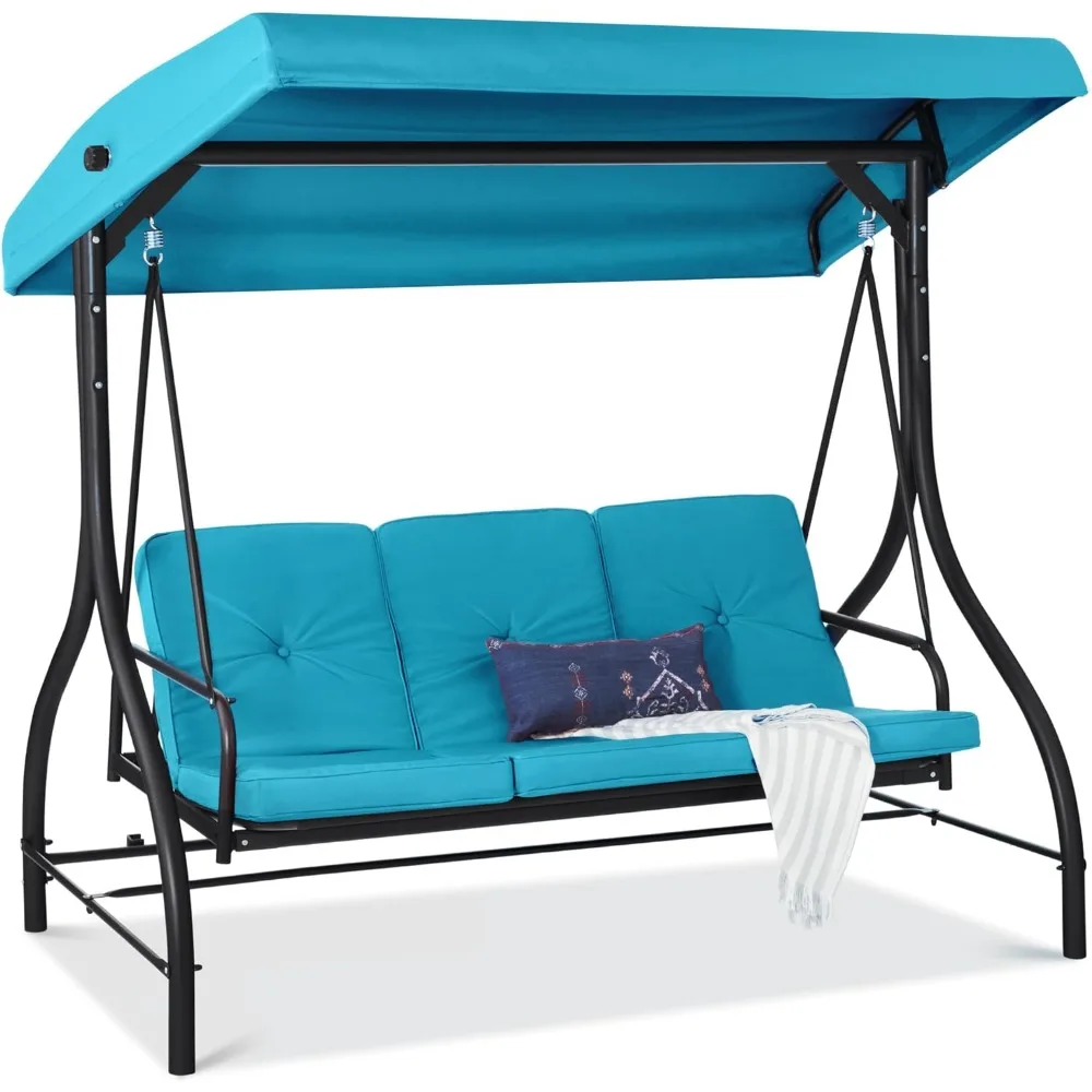 3-Seat Outdoor Large Converting Canopy Swing Glider, Patio Hammock Lounge,Backyard w/Flatbed,Adjustable Shade,Removable Cushions