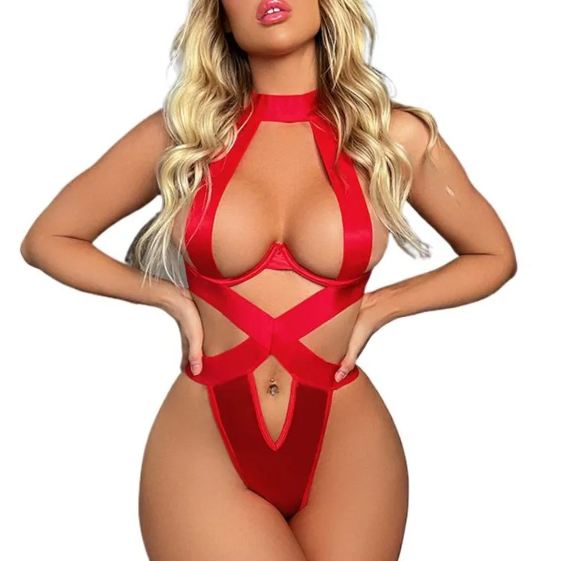 

Exotic Hollow Out Women's Underwear Sexy One Piece Red See Through Bandage Tight Corset Erotic Open Umbilium Bodysuit Costumes