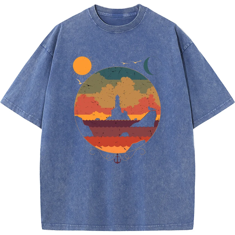 Sun Moon Lighthouse Printed Men's 100% Cotton Casual Tees 230 Grams Of High-Quality Washed Old Tshirt Vintage Colored T-shirts