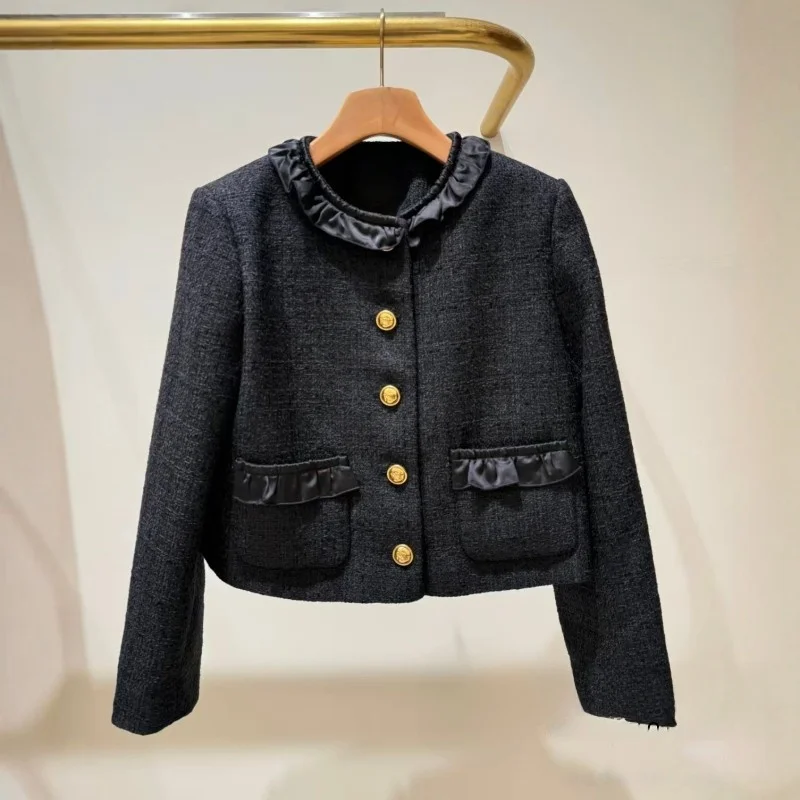 

Flared Leg Pants And ort Coat with Ruffle Collar in Tweed Fabric Ele Sle for Women Autumn Winter Collection