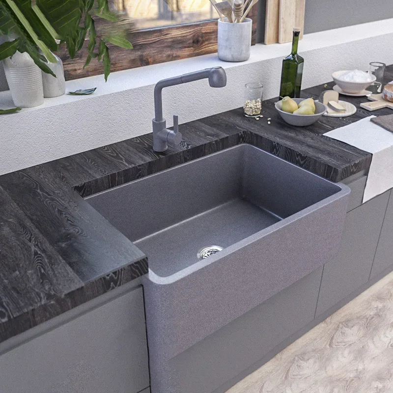 

Kitchen Black Step Sink Handmade Above Mount Waterfall Faucet Kitchen Quartz Stone Sink