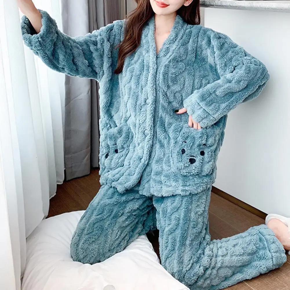 Women Winter Thickened Coral Fleece Pajamas Trousers Long Sleeve Plaid Jacquard Cardigan 2PCS Set Warm Leisure Flannel Nightwear