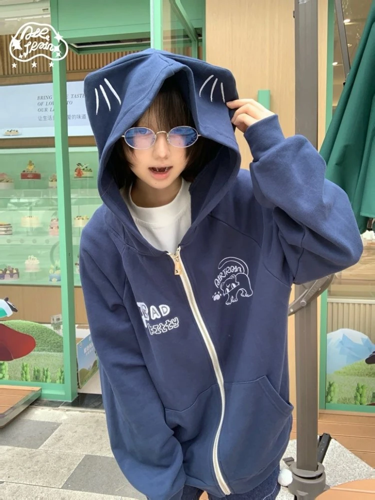 Oversized Casual Zipper Grunge Hoodies Women Kawaii Loose Embroidery Cute Cat Coats Y2k Aesthetic Pocket Harajuku Sweatshirts