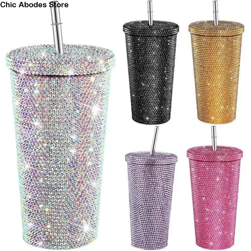 

500ml/750ml Rhinestone Thermos Bottles Double Layer Insulated Glitter Coffee Cup Shining Reusable Stainless Steel Water Bottle