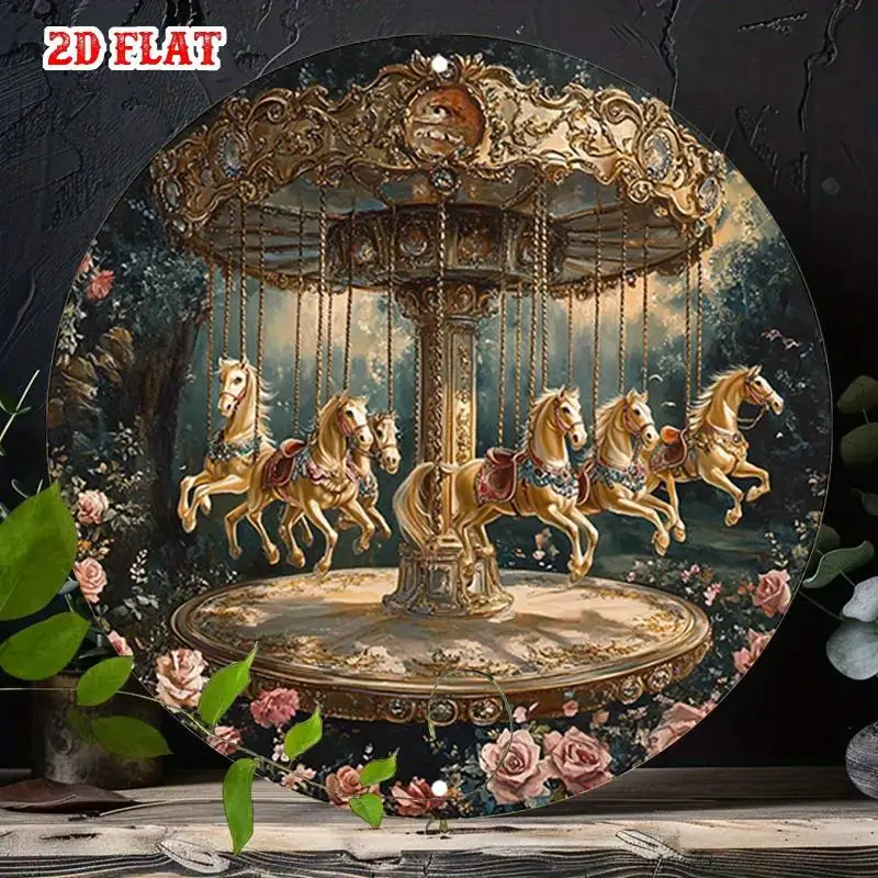 Vintage Carousel 2D Flat Tin Sign, Golden Horse Round Metal Poster For Diner Studio Decor