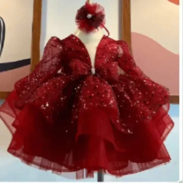 Gorgeous Girls New Year V -neck Swip Long Sleeve Lace Type Princess Skirt Elegant Girl Birthday Party Dance Evening Dress