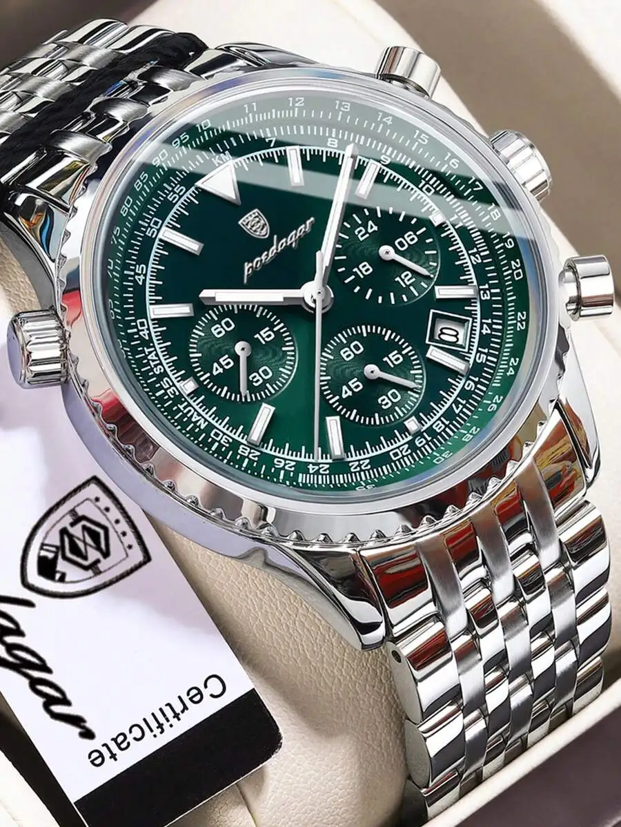 

Часы-хронограф из нержавеющей стали с зеленым циферблатом, светящимися стрелками, окошком для даты и водонепроницаемостью