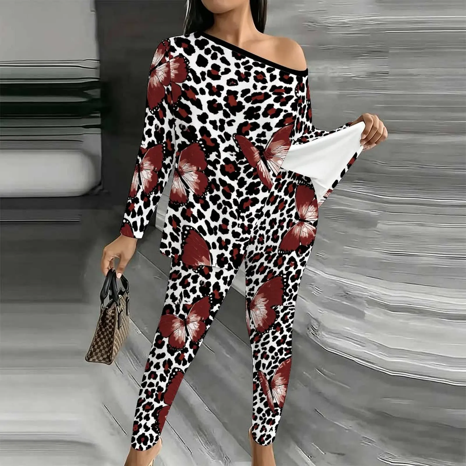 Off Shoulder T-shirt Autumn Elegant Two-piece Set Fashion Printed Jogging Pants  Winter Women's Diagonal Collar Long Sleeved