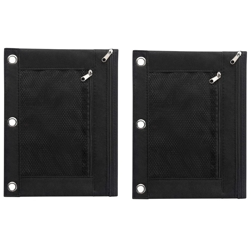 2 Pcs Black Pencil Bag for 3 Ring Binders Single Zipper Bag with Transparent Window for Office Workers/Students