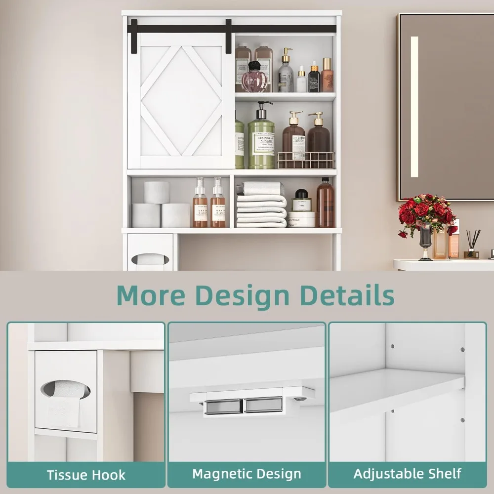 over the toilet storage cabinet with farmhouse sliding barn door, above toilet organizer with toilet paper holder stand, behind