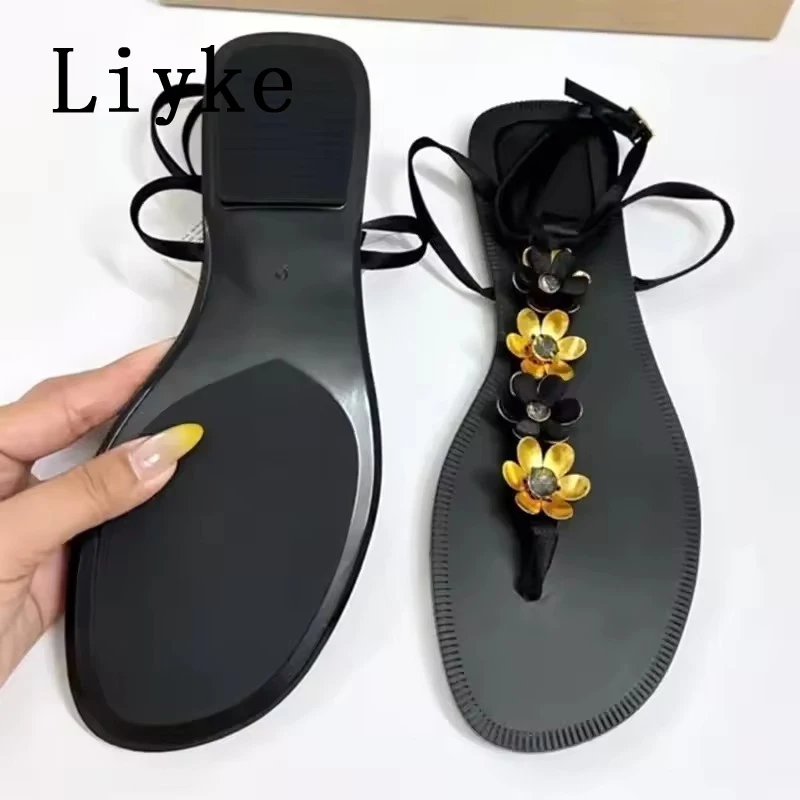 

Liyke Summer Fashion Metal Flower Strap Designer Sandals Women Flat Clip Toe Gladiator Shoes Vacation Beach Flip Flops Sandal